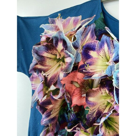 Soft Surroundings Top Blouse L Floral Tropical Colorful Artsy Cap Sleeve Waist - Picture 3 of 7
